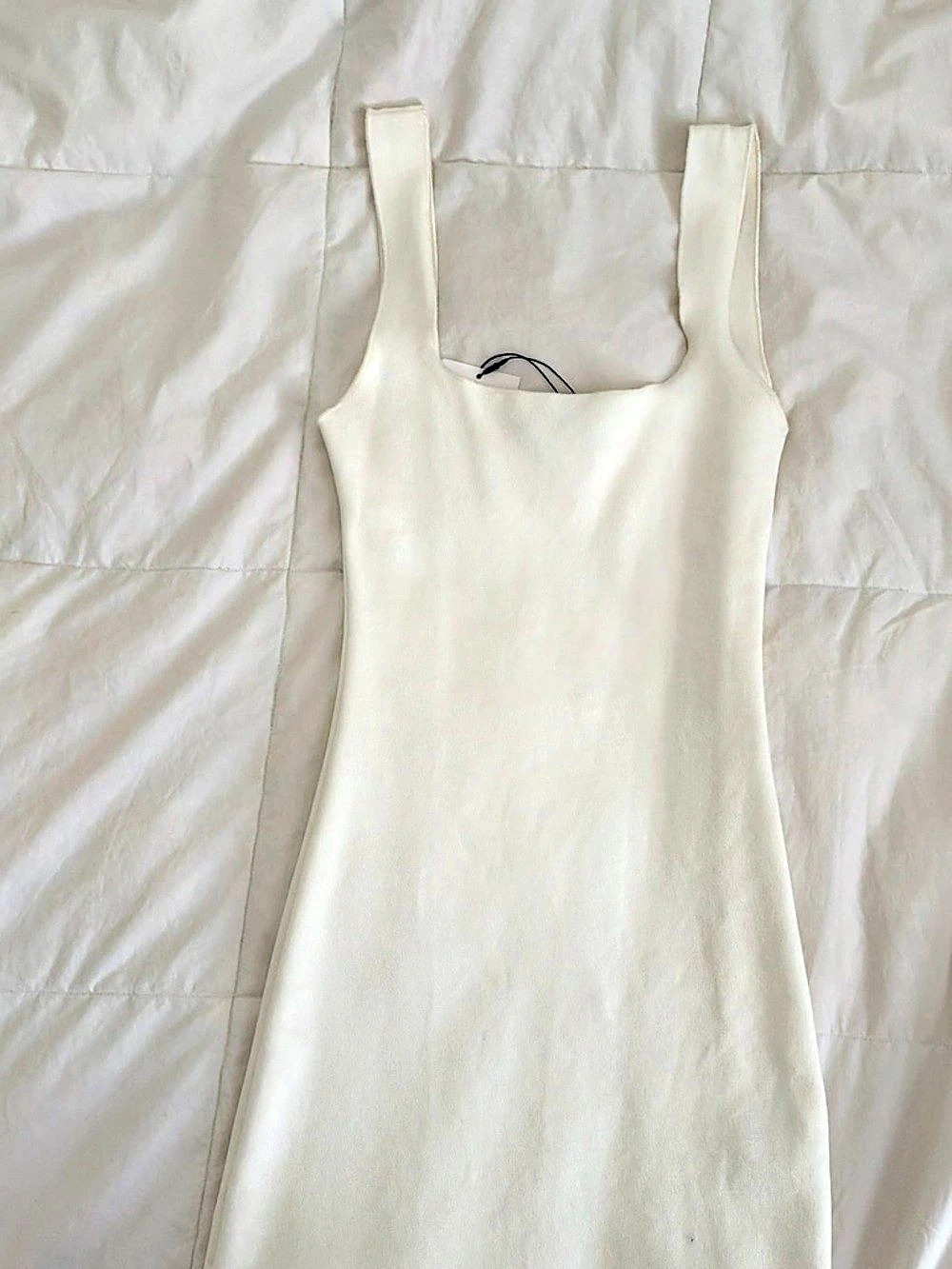Zara Square Neck Knit Midi Dress White Small NWT